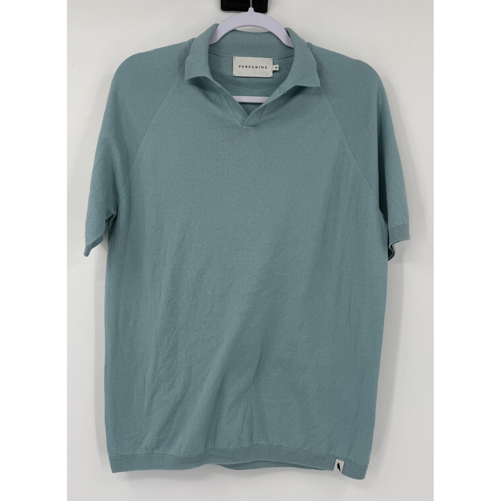 Peregrine Mens Knit Polo Shirt Medium Blue Green 100% Cotton Made in England